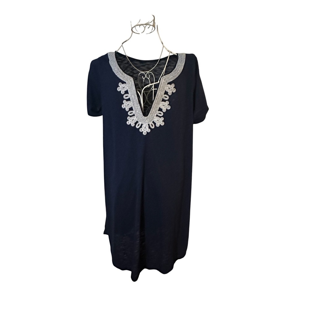 Lilly Pulitzer Navy Blue Silver Embroidered Split Neck Shift Dress Large